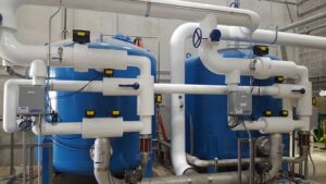 Blue water softener tanks at Clemens Food Group