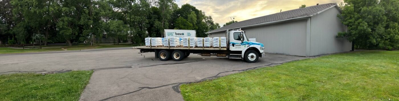 Salt truck in a parking lot